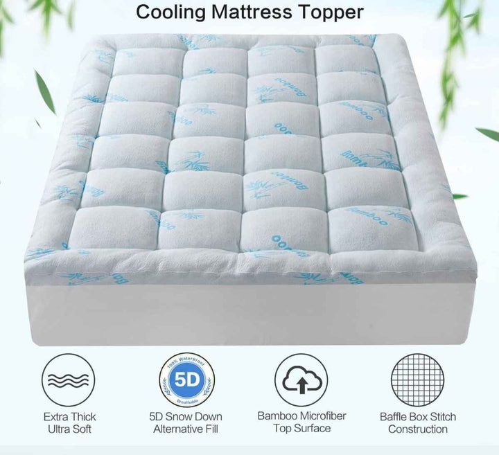 Bamboo Mattress Topper Queen Size with Extra Thick Cooling Pad, Soft Plush Noiseless Down Alternative Fill, Fits 8-21" Deep Pocket