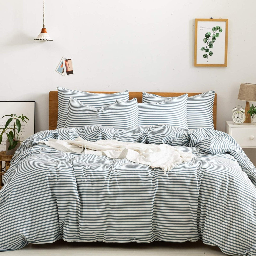 NEW! Cloud Stripe 100% Cotton Duvet Cover Set - King (104"×88") -Cloud Stripe - Sage Green/ White