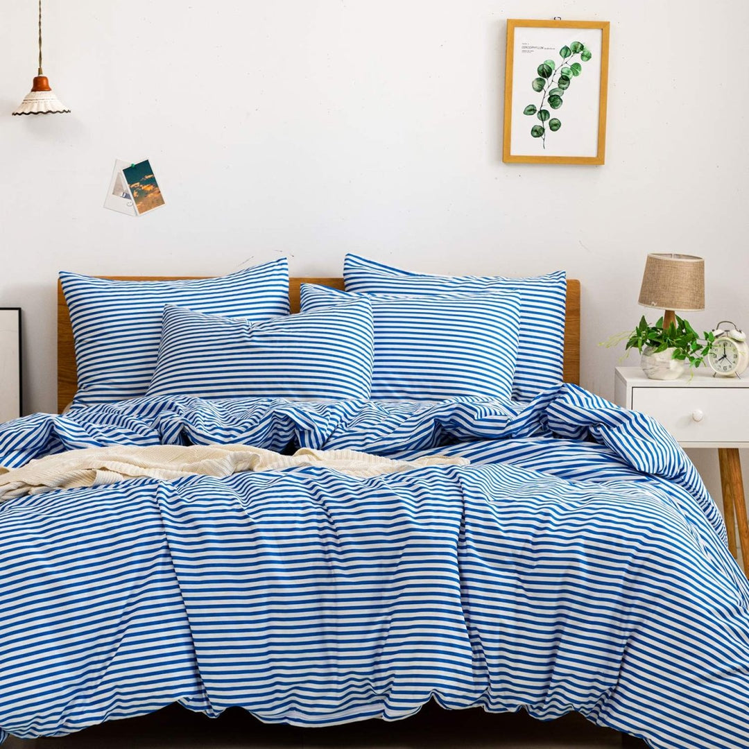 NEW! Cloud Stripe 100% Cotton Duvet Cover Set - Queen (80"×87") -Dark Blue/ White