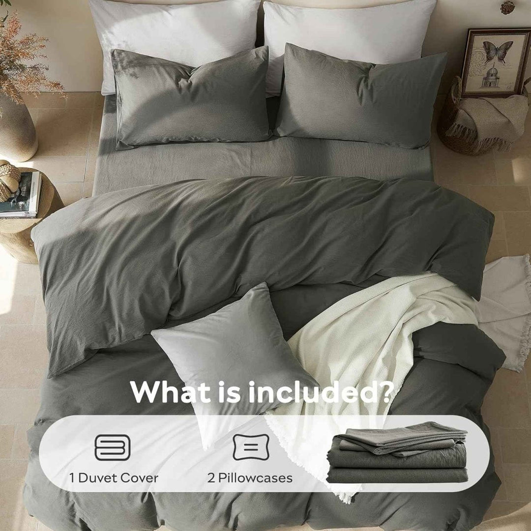 New! Luxury Washed Cotton Duvet Cover – Soft, Breathable & Linen - Inspired - King (88"×104") - Light grey