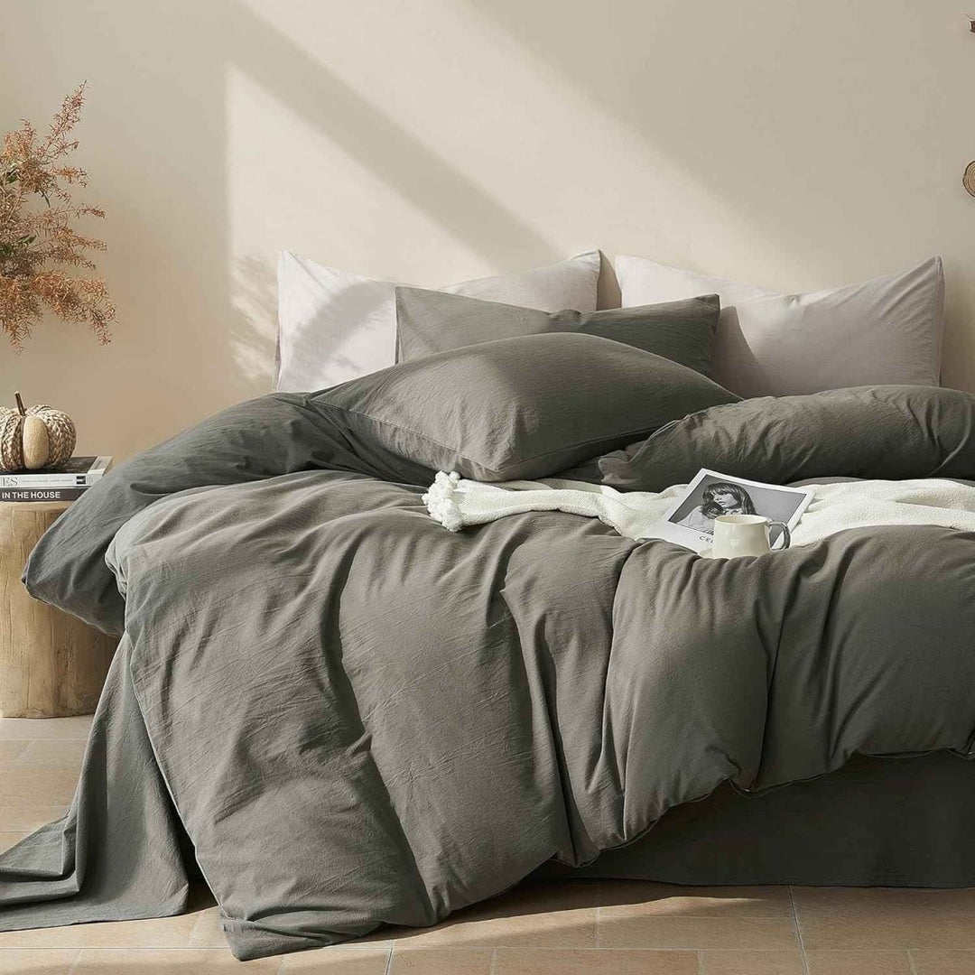 New! Luxury Washed Cotton Duvet Cover – Soft, Breathable & Linen - Inspired - Queen (80"×87") - Dark Grey