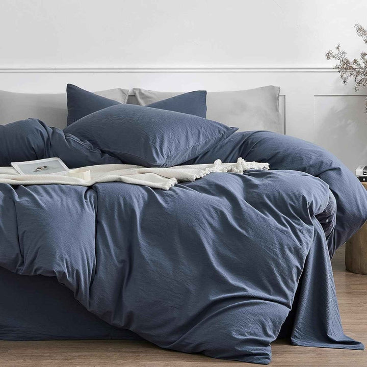 New! Luxury Washed Cotton Duvet Cover – Soft, Breathable & Linen - Inspired - Queen (80"×87") - Denim Blue