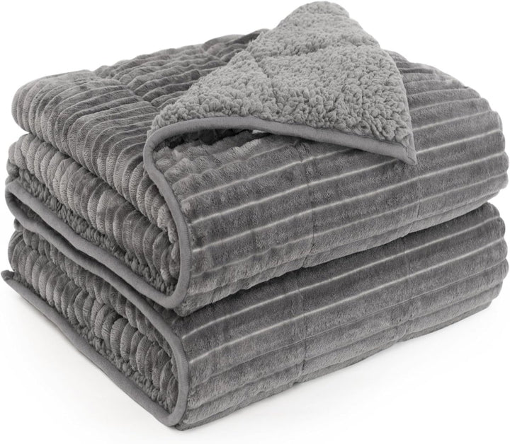 NEW! Sherpa Fleece Weighted Blanket with Ribbed Stripes - 48'' x 72'' 15 lbs - Grey