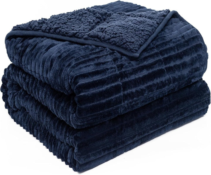 NEW! Sherpa Fleece Weighted Blanket with Ribbed Stripes - 48'' x 72'' 15 lbs - Navy Blue