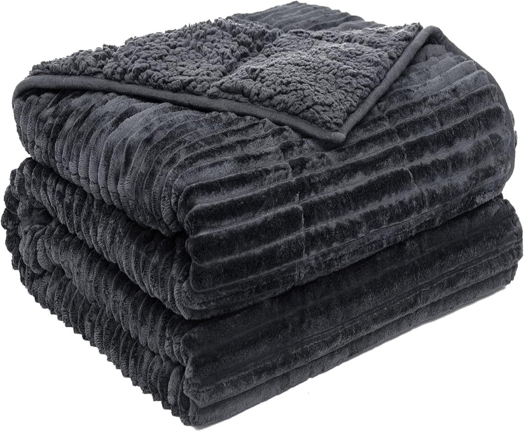 NEW! Sherpa Fleece Weighted Blanket with Ribbed Stripes - 60'' x 80'' 15 lbs - Asteroid G...(Dark Grey)