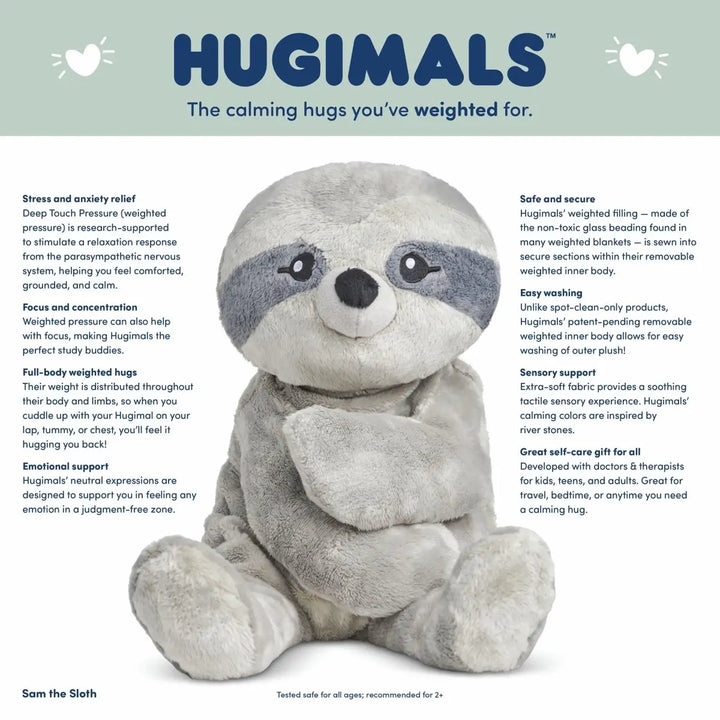 Hugimals™ Weighted Stuffed Animal - Calming weighted hugs for kids, teens and adults - Sam The Sloth -