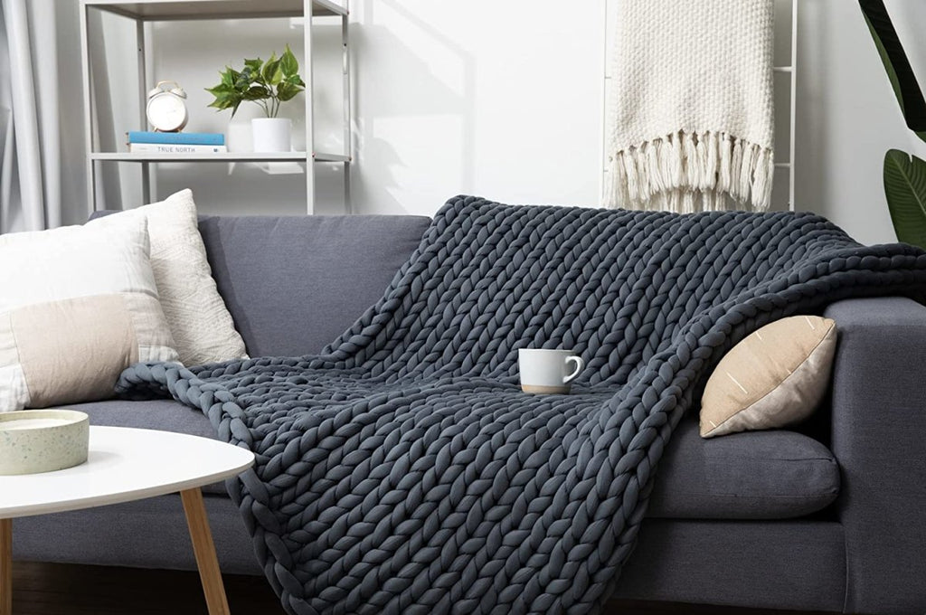 KNIT WEIGHTED BLANKET - Cooling Weighted Blanket made from Organic Cotton - 42x72 15 lbs or 60x80 20 lbs - Many colors available - Asteroid Grey (Dark Grey) -42'' x 72'' 15 lbs