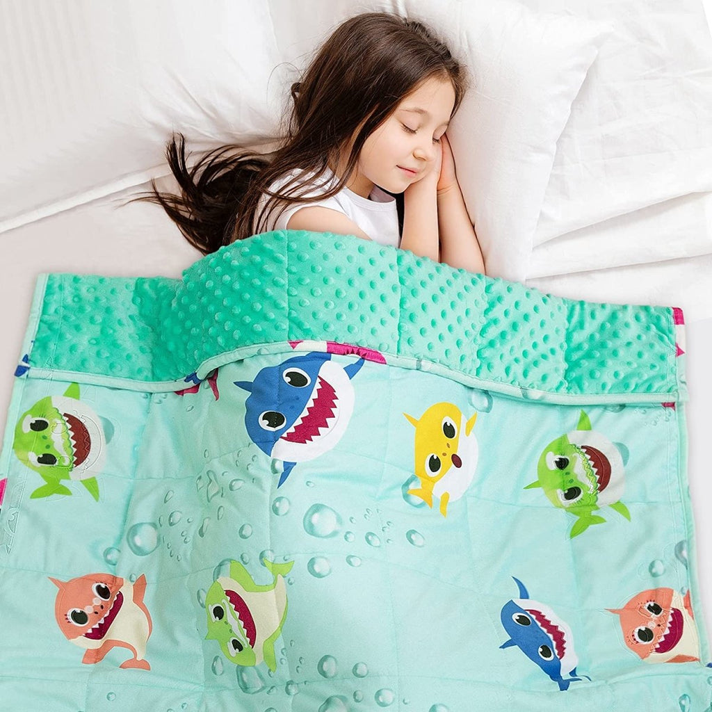 NEW! Weighted Blanket 5 lbs or 7 lbs for Kids, Ultra Cozy Minky Dotted and Cotton Sided with Cartoon Patterns - 36 x 48 Inches 5 lbs -Mint Shark